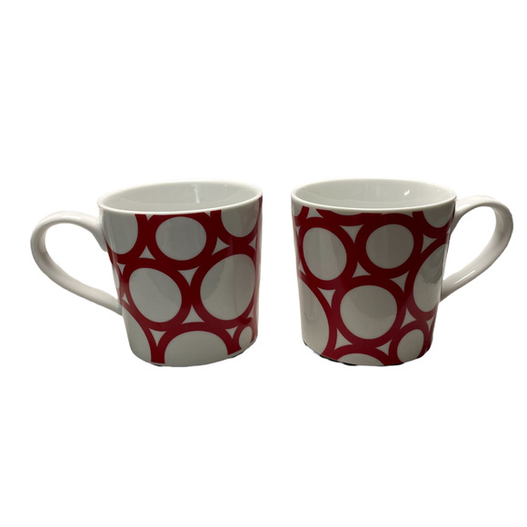 Crate & Barrel Coffee Mugs Cups Red White Circles Geometric 16 oz Set of 2 - Picture 1 of 5